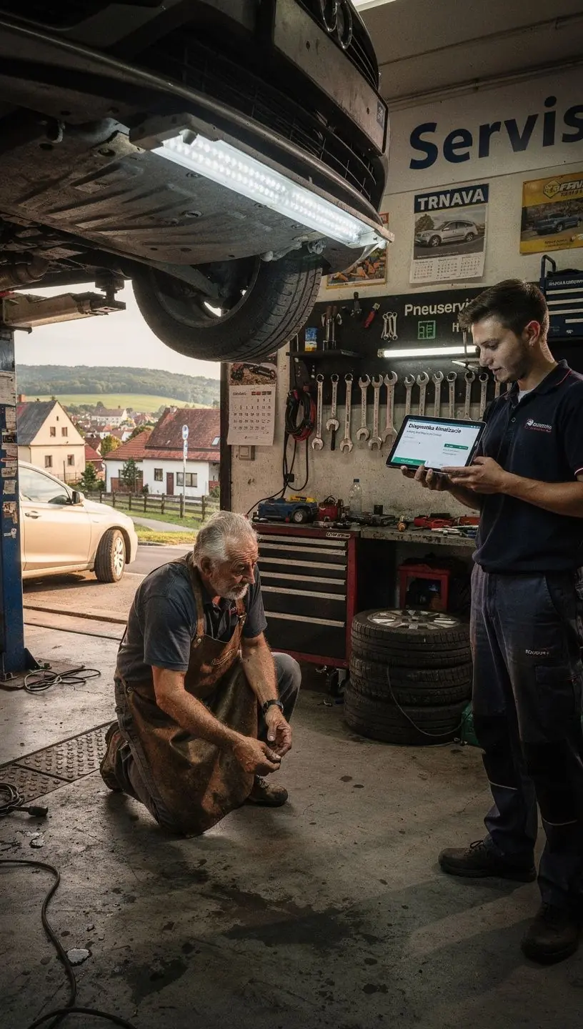Zobrazenie meracieho prístroja na kontrolu výkonu klimatizácie v automobilovej dielni